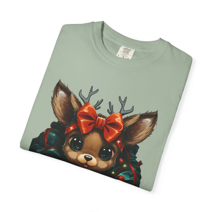 Cute Christmas Reindeer Garment-Dyed Tee Bow