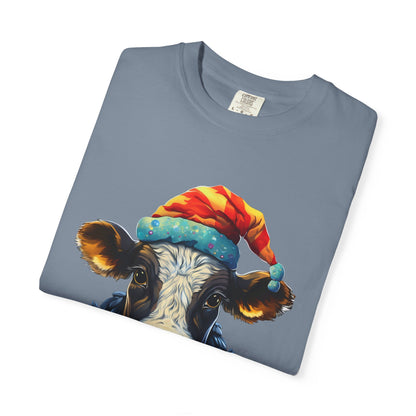 Christmas Cow Santa Hat Garment-Dyed Tee