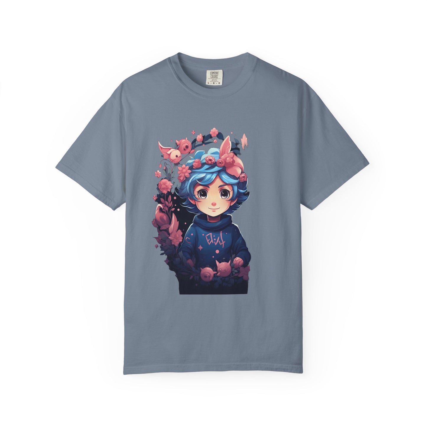 Kawaii Anime Girl Floral Garment-Dyed Tee