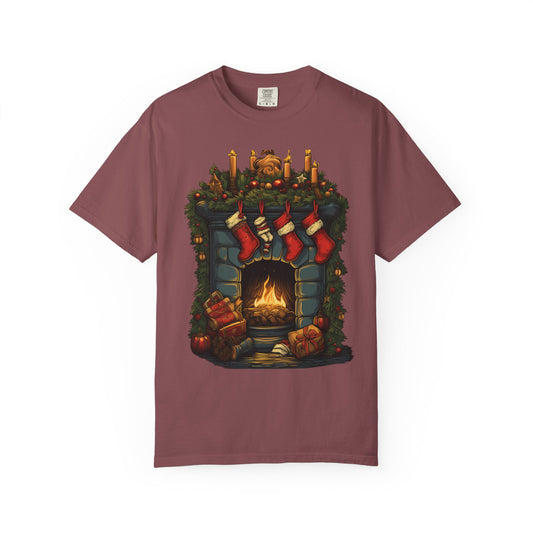 Christmas Fireplace Tee Stockings Garment-Dyed