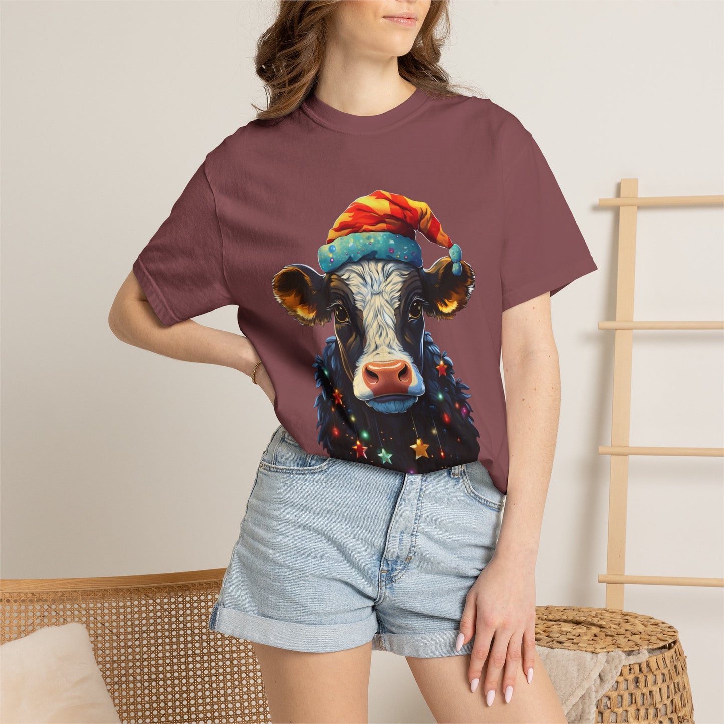 Christmas Cow Santa Hat Garment-Dyed Tee