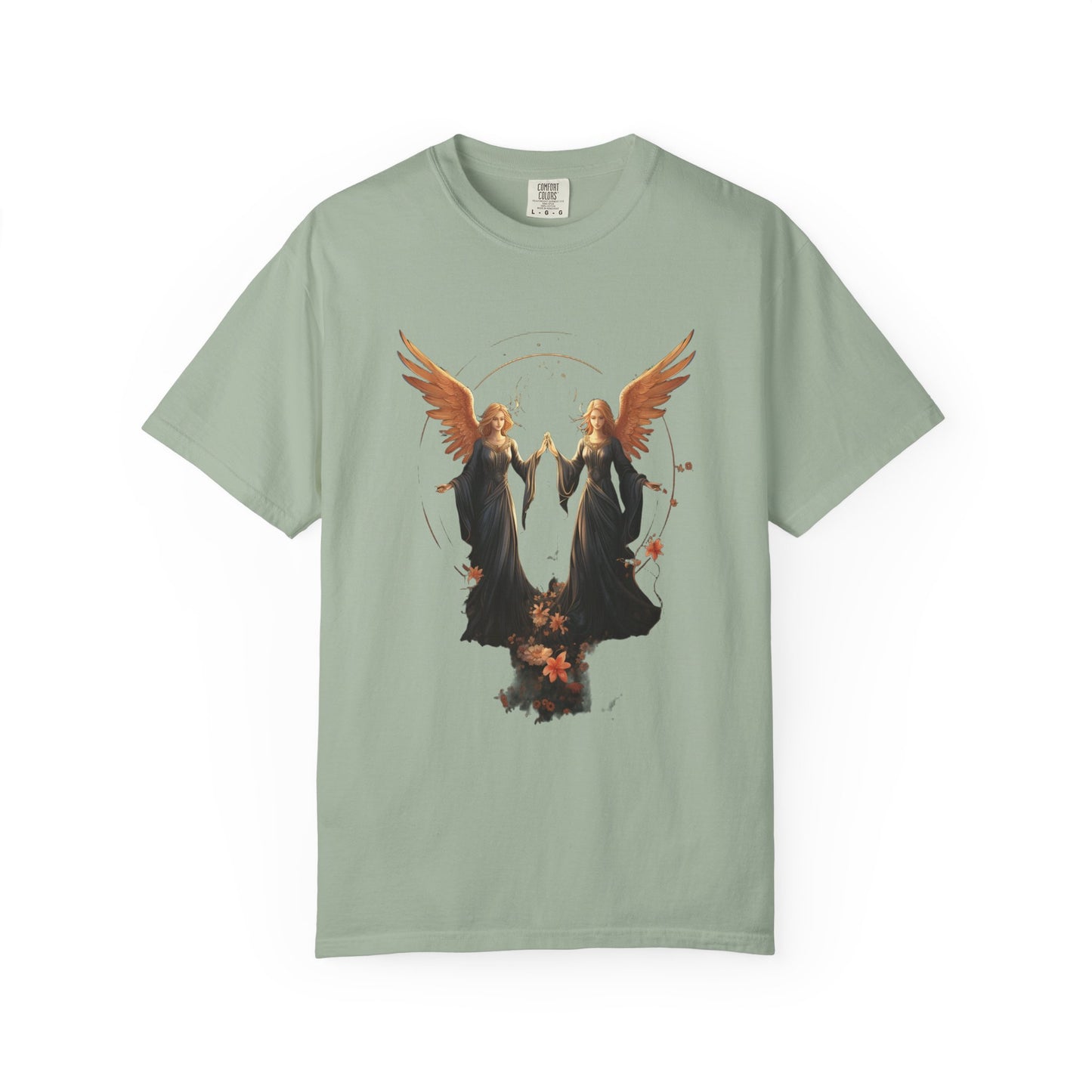 Angel Shirt Celestial Twin Angels Floral Gold