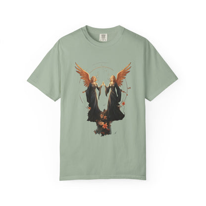 Angel Shirt Celestial Twin Angels Floral Gold