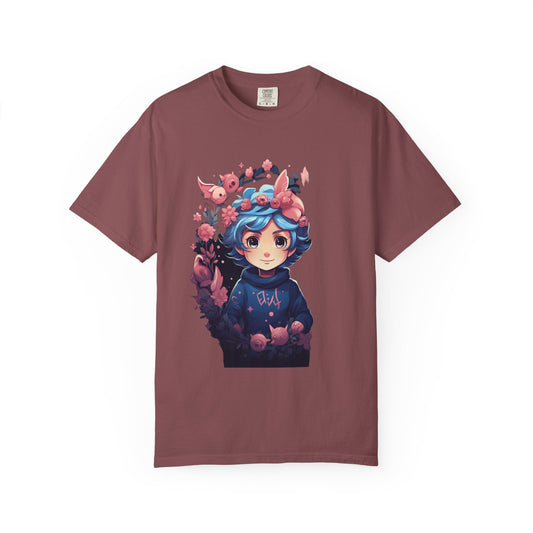 Kawaii Anime Girl Floral Garment-Dyed Tee