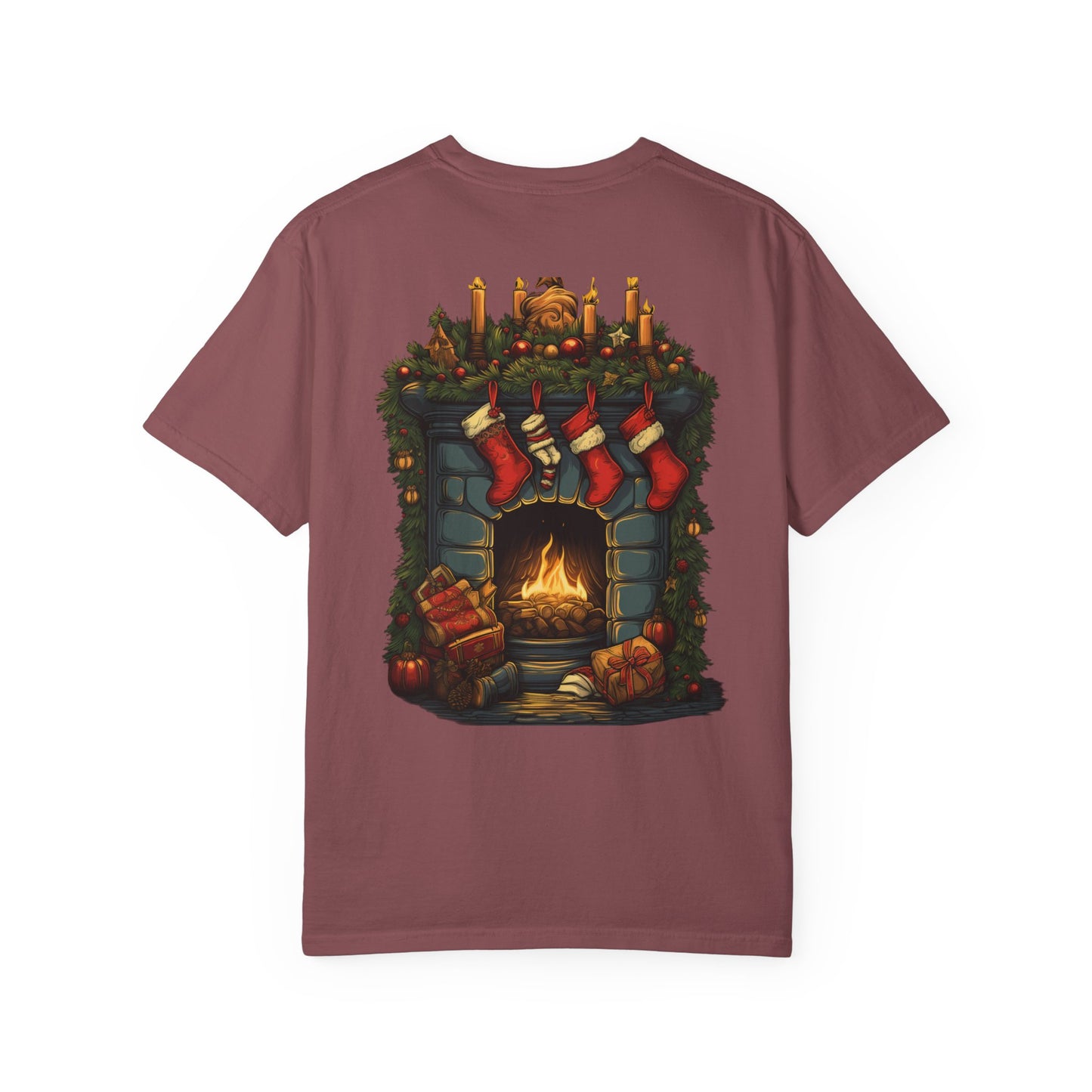 Christmas Fireplace Tee Stockings Garment-Dyed