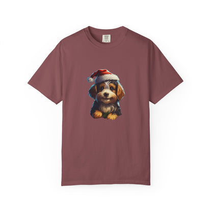 Christmas Puppy Santa Hat Garment-Dyed Tee