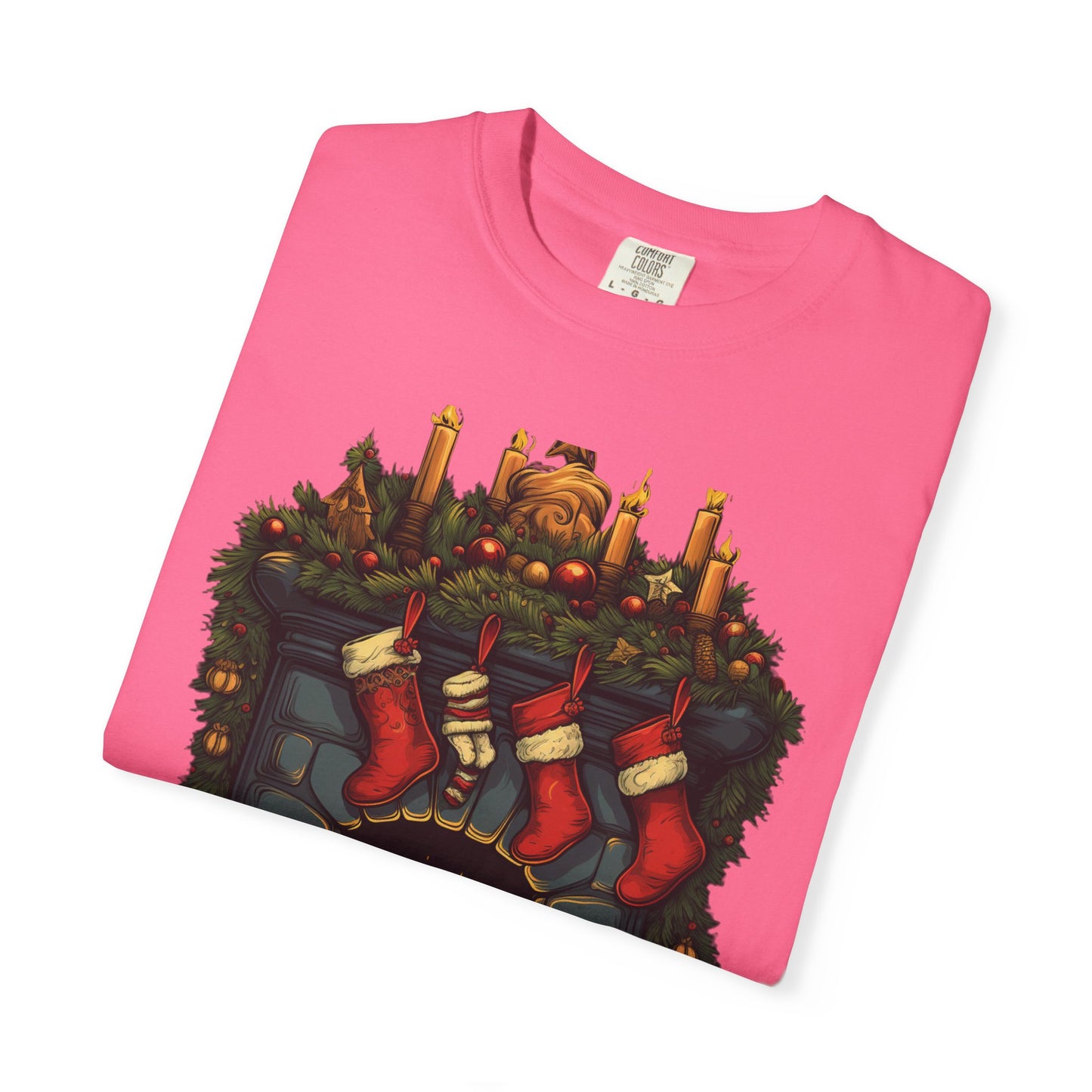 Christmas Fireplace Tee Stockings Garment-Dyed