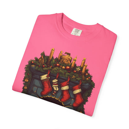 Christmas Fireplace Tee Stockings Garment-Dyed