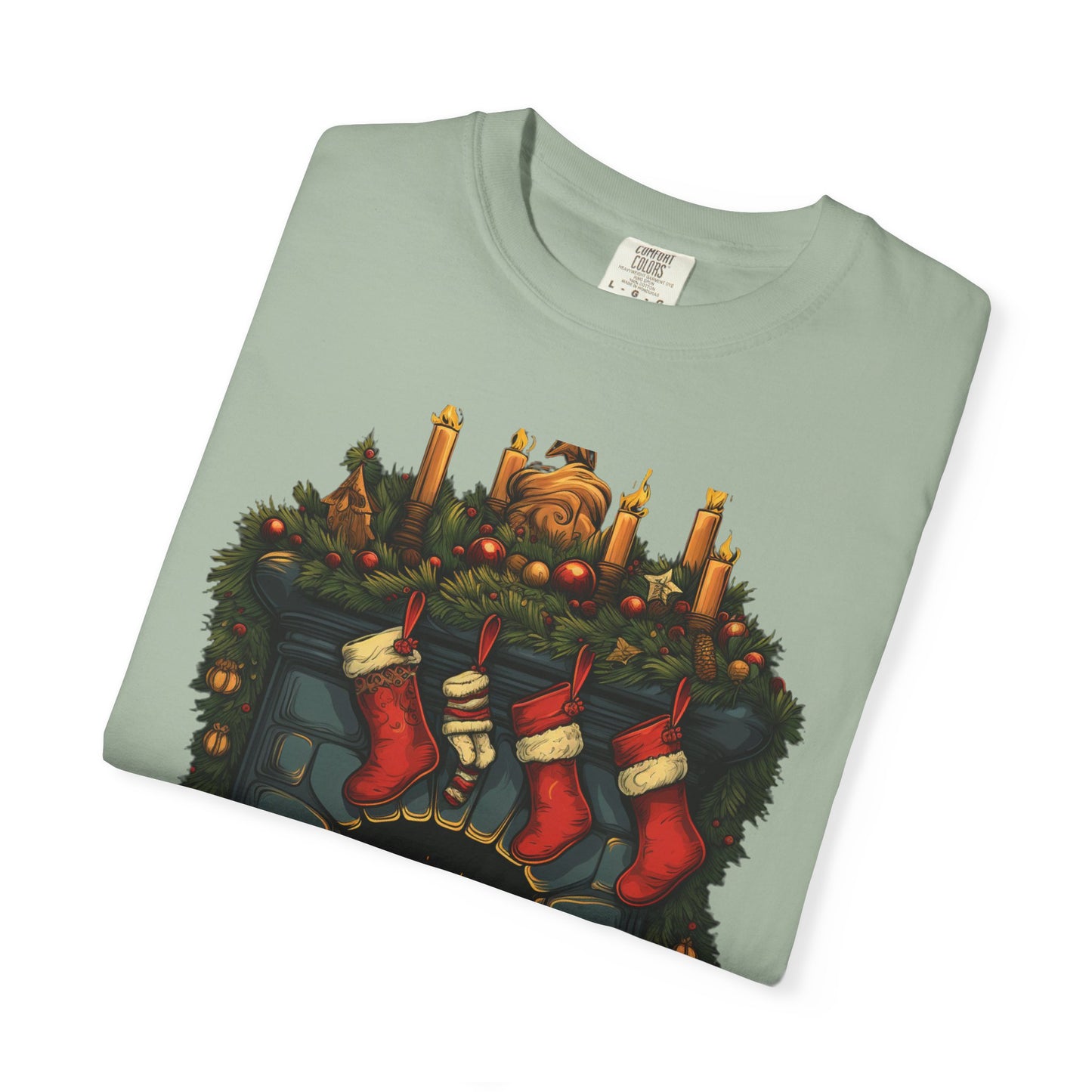 Christmas Fireplace Tee Stockings Garment-Dyed