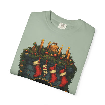 Christmas Fireplace Tee Stockings Garment-Dyed