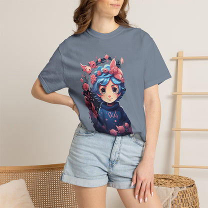 Kawaii Anime Girl Floral Garment-Dyed Tee