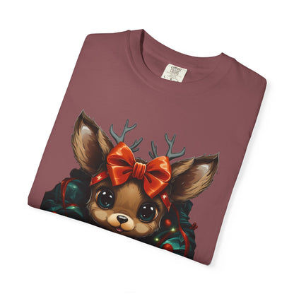 Cute Christmas Reindeer Garment-Dyed Tee Bow