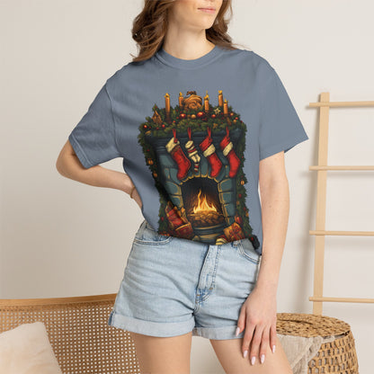 Christmas Fireplace Tee Stockings Garment-Dyed