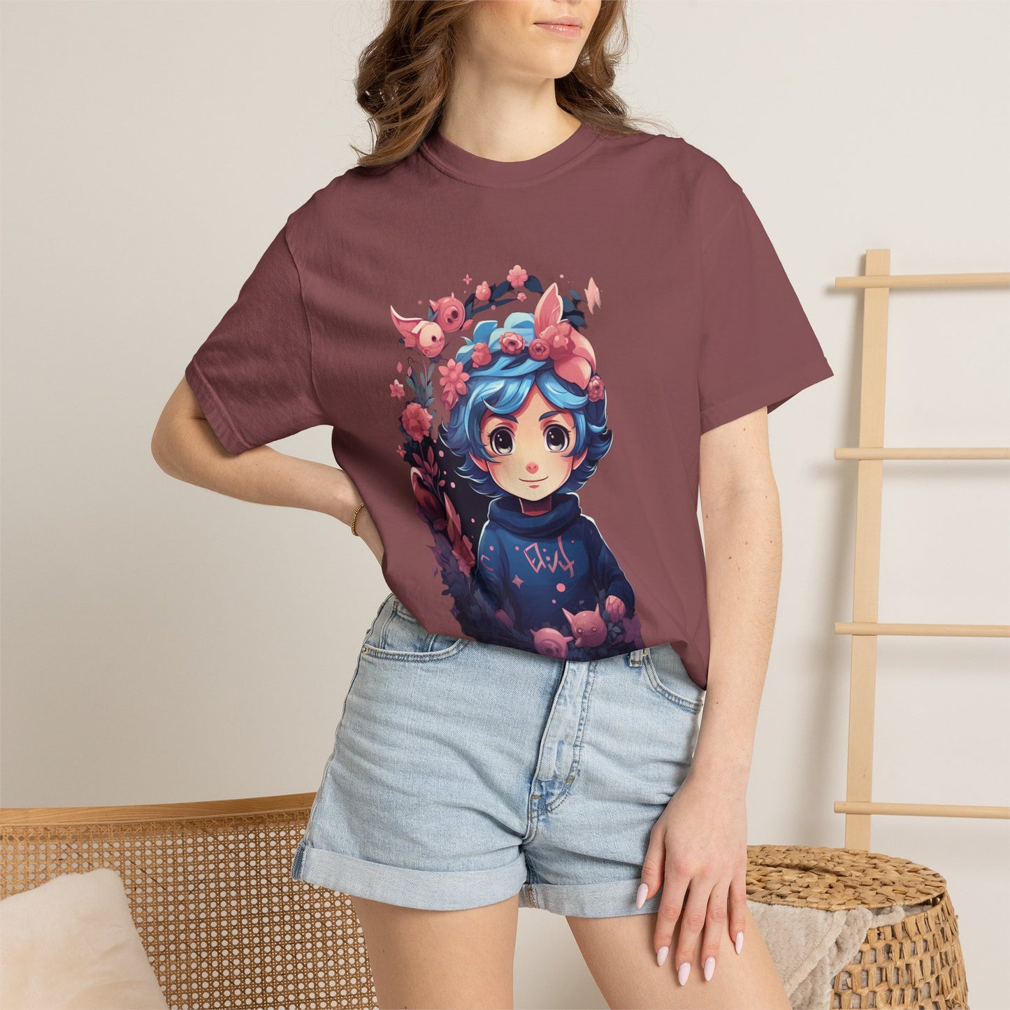 Kawaii Anime Girl Floral Garment-Dyed Tee
