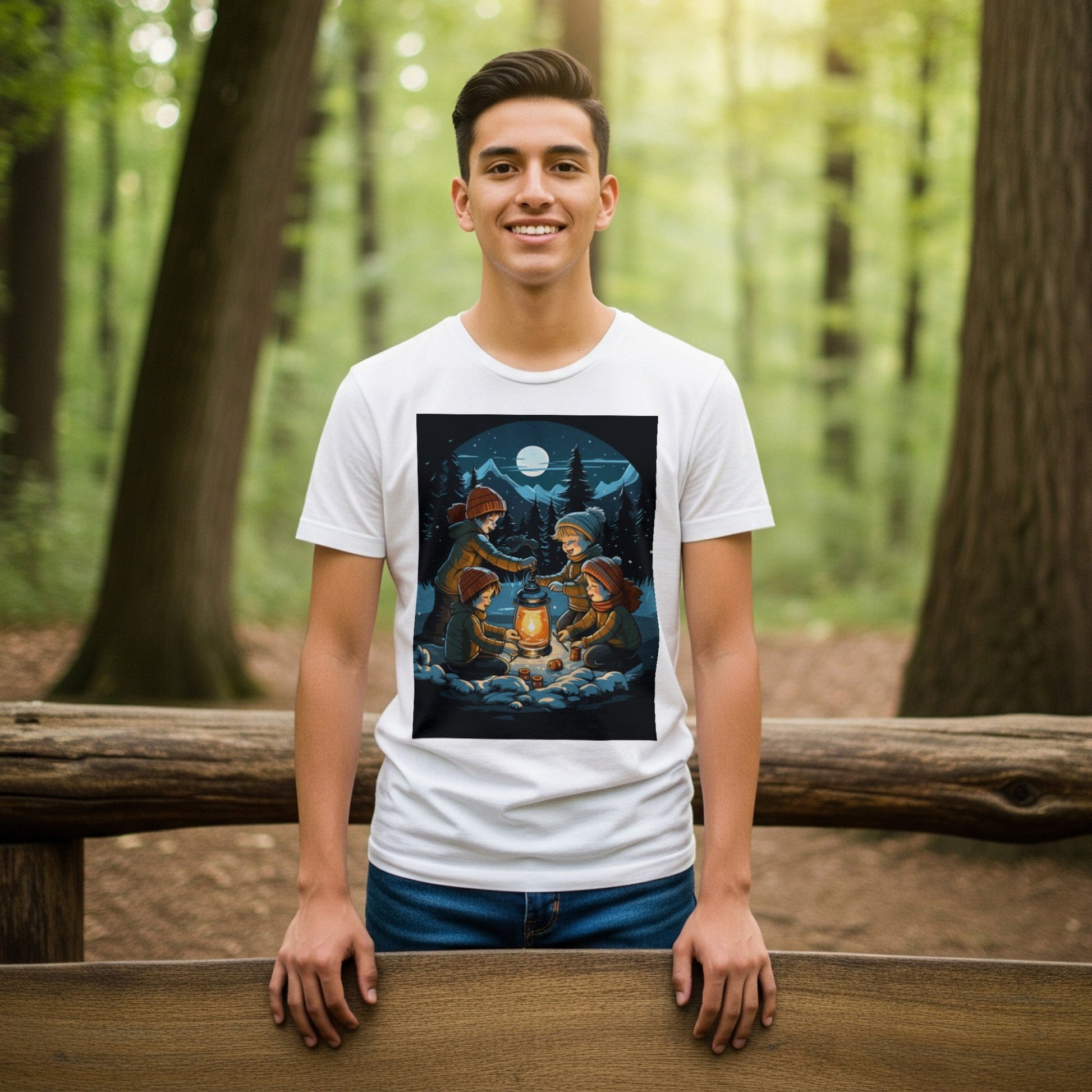Winter Kids Lantern T-Shirt Christmas Camping Tee lifestyle photo