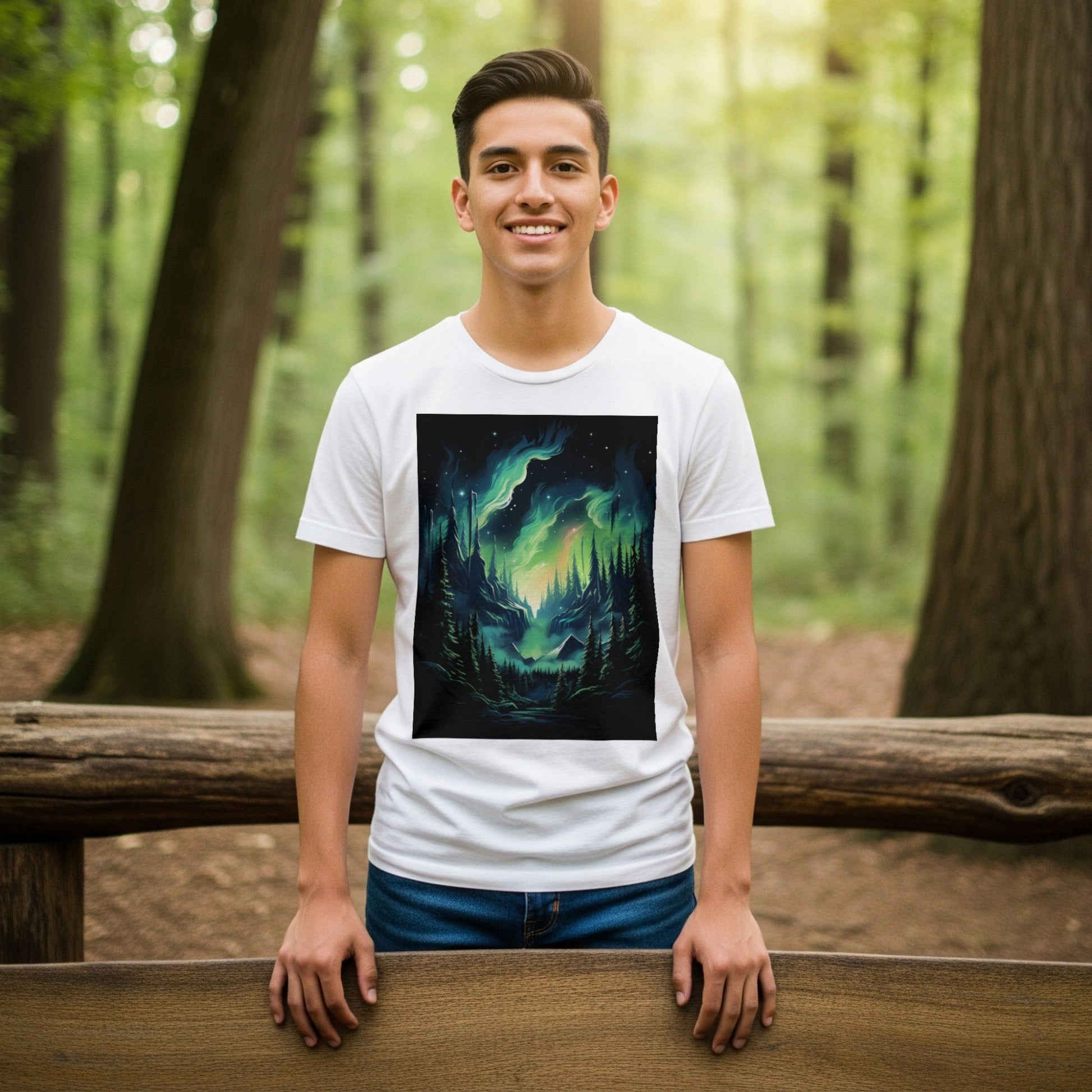 Northern Lights Forest T-Shirt Aurora Night Tee lifestyle photo