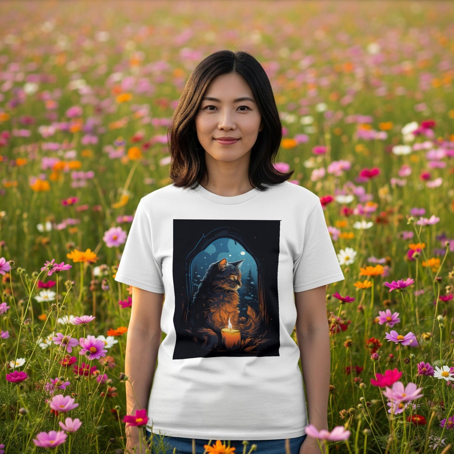 Cat by Candlelight Christmas T-Shirt lifestyle photo