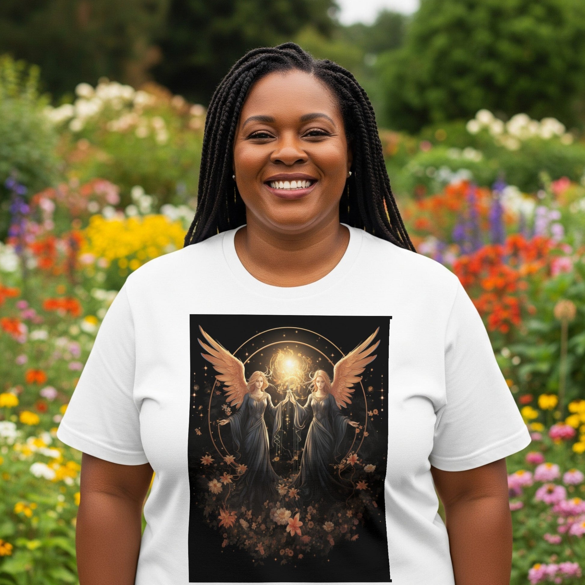 Angel T-Shirt Celestial Twin Angels Floral Gold lifestyle photo
