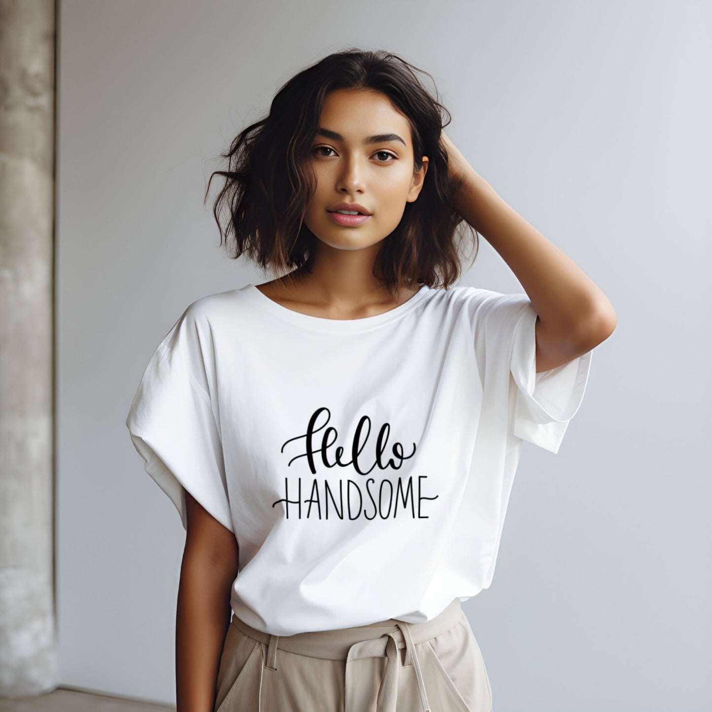 Hello Handsome T-Shirt Funny Calligraphy Tee lifestyle photo